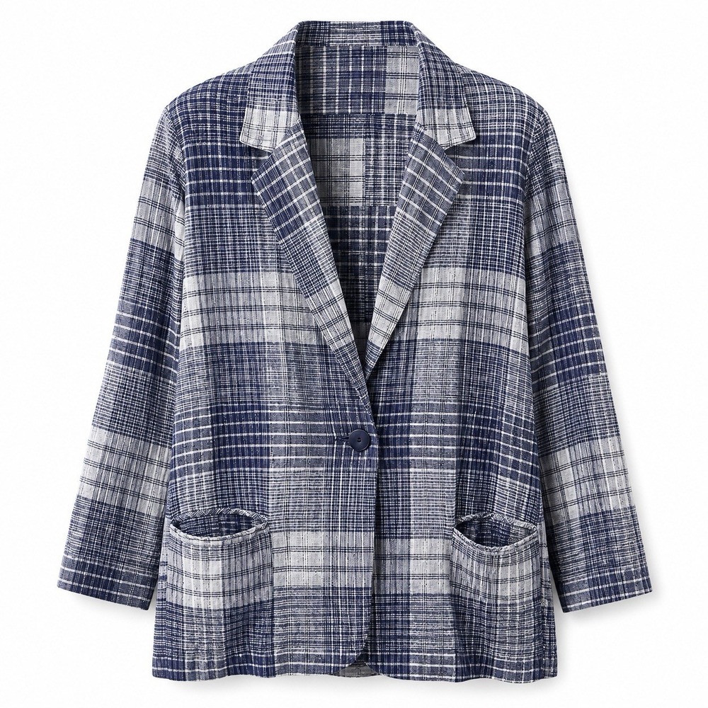 Vintage JB Bentley Womens Blazer Medium Blue Plaid Linen Blend Single Button